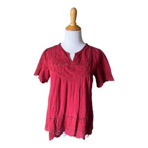 Knox Rose Eyelet Lace Boho Red Short Sleeve Embroidered Blouse Sz S Festival